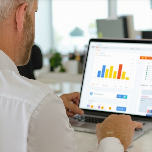 Business owner reviewing analytics and online reviews on a laptop, showcasing advanced SEO efforts.