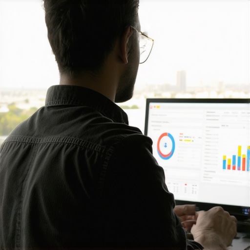 Person analyzing SEO metrics on a laptop with Bakersfield skyline in background.