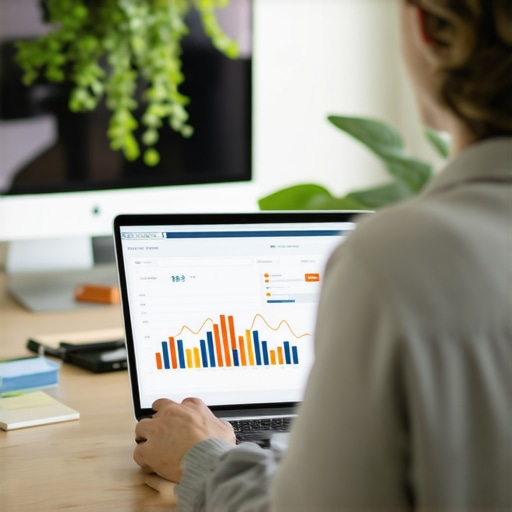 Business owner analyzing Google Maps rankings and reviews using SEO software in a Bakersfield office