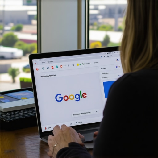 Business owner optimizing Google My Business profile with Bakersfield cityscape