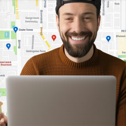 Business owner updating Google My Business profile with local Bakersfield map