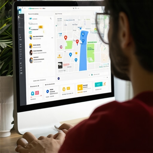 SEO Tools for Long-Term Map Ranking Success Digital marketing professional working with SEO tools on a computer for local map optimization.