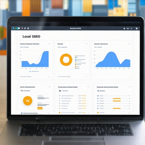 Laptop screen displaying local SEO analytics with Bakersfield landmarks in the background.