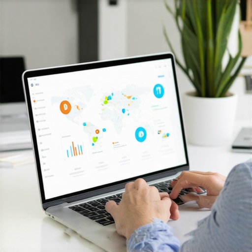 Analyzing Local SEO Data for Bakersfield Person reviewing local SEO analytics and maps on a laptop, depicting upward growth in rankings