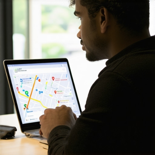 Digital marketer working on local SEO profile with Bakersfield map in background.