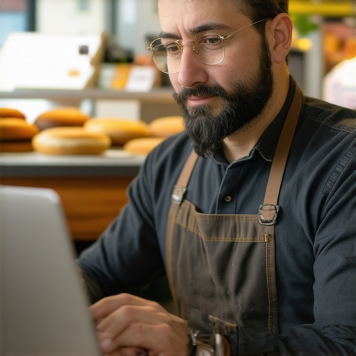 Bakery owner configuring Google My Business profile on a laptop