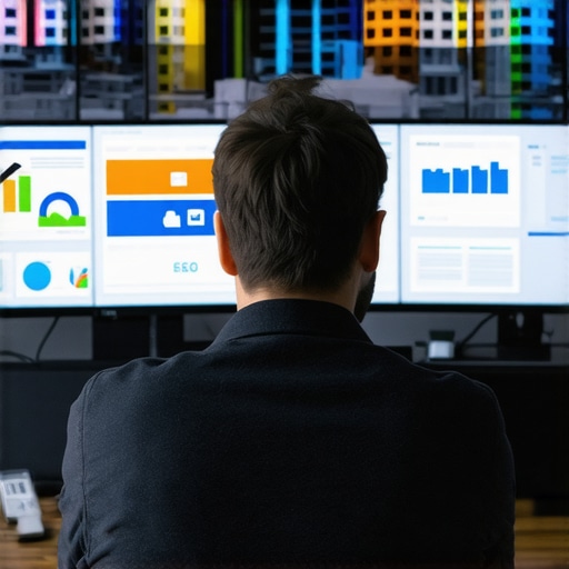 Digital marketer reviewing local SEO analytics on multiple screens with Bakersfield cityscape.