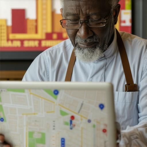 Analyzing Local SEO Data in Bakersfield Bakery owner reviewing Google Maps ranking analytics on a laptop with Bakersfield landmarks in background