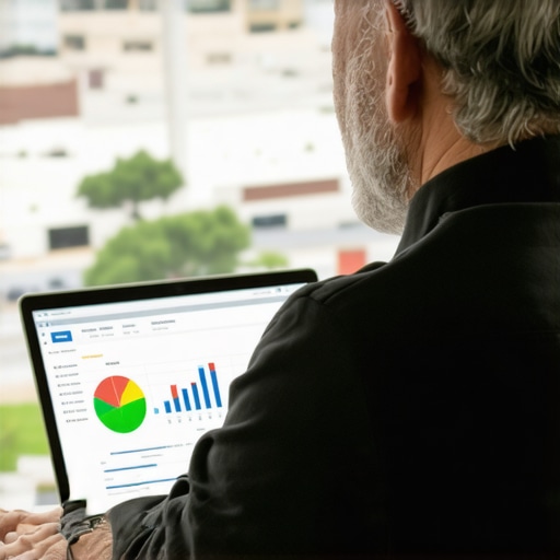 Business owner reviewing SEO results on laptop with Bakersfield city view.
