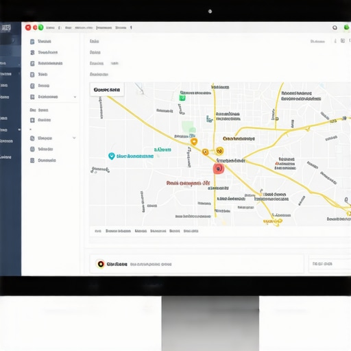 Digital SEO workspace with Bakersfield map analytics Computer monitor displaying SEO analytics and Bakersfield maps