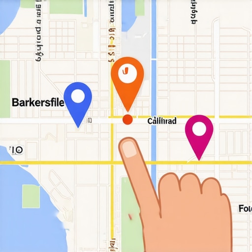Close-up of a digital map highlighting Bakersfield businesses with a person's hand pointing at a location.
