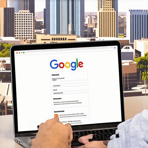 Business owner updating Google My Business profile on laptop with Bakersfield cityscape