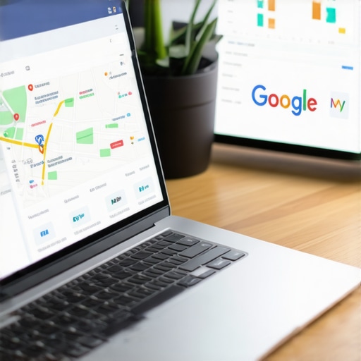 A workspace setup with SEO analytics on a laptop and charts depicting local map rankings.
