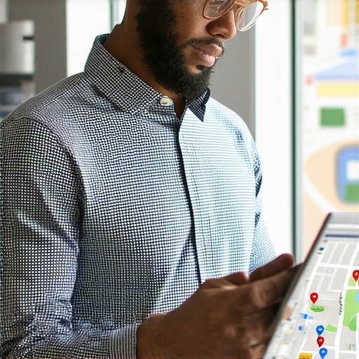 Business owner working on Google Maps profile with laptop and map icons