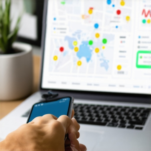 Person analyzing maps and SEO data using digital devices in an office setting.