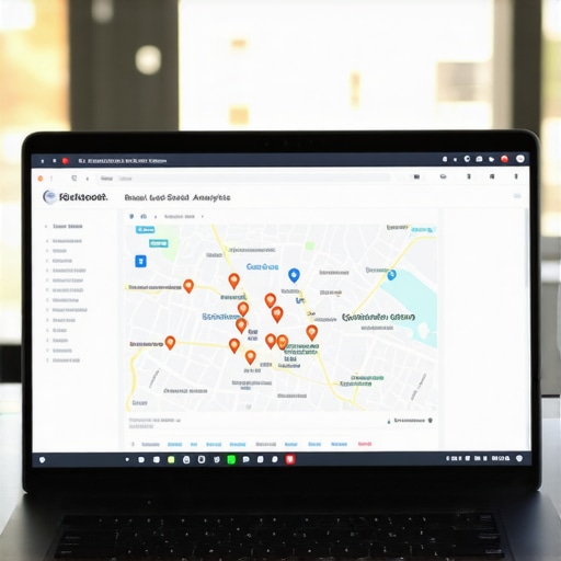 Laptop showing local SEO dashboard with Bakersfield map markers.