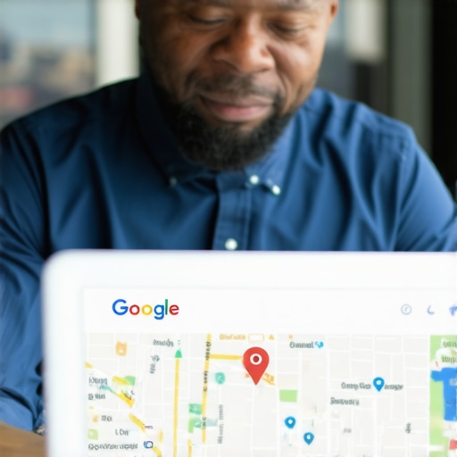 A person updating business details on a laptop with Bakersfield city view behind.