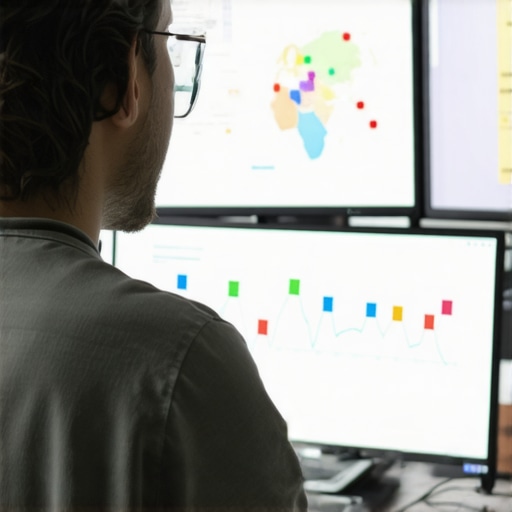 Person analyzing SEO data on multiple monitors with maps and charts.