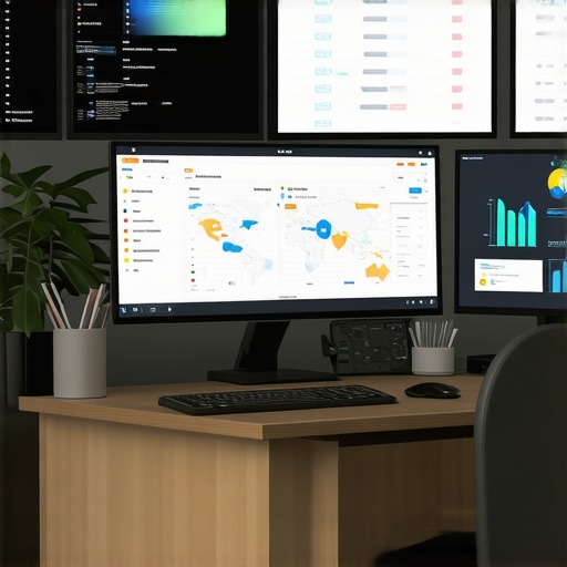 SEO Tools Workspace for Map Optimization A modern office setup with screens showing local SEO tools and analytics.