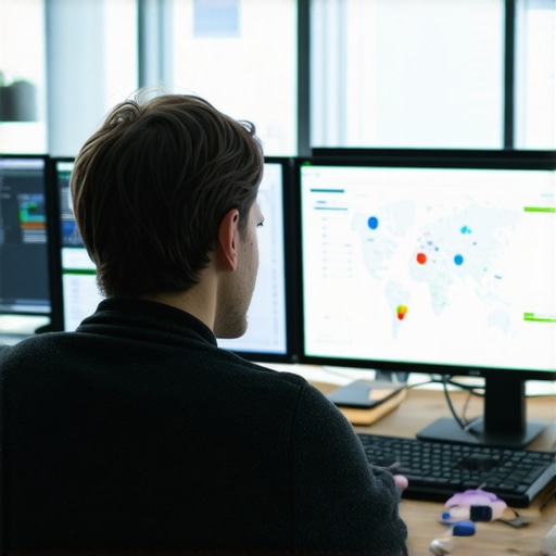 A digital marketing analyst reviewing SEO metrics on multiple monitors to optimize local map rankings.
