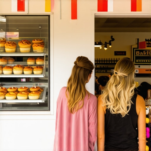 Busy bakery storefront in Bakersfield with customers and baked goods