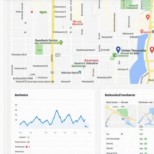 SEO Dashboard with Bakersfield Landmarks A digital SEO performance dashboard displaying local map rankings and citations with Bakersfield landmarks.